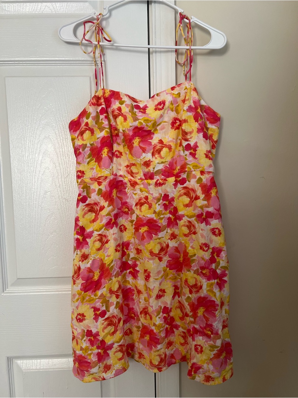 Old Navy Pink & Yellow Floral Tropical Tie Straps Linen Mini Dress Large